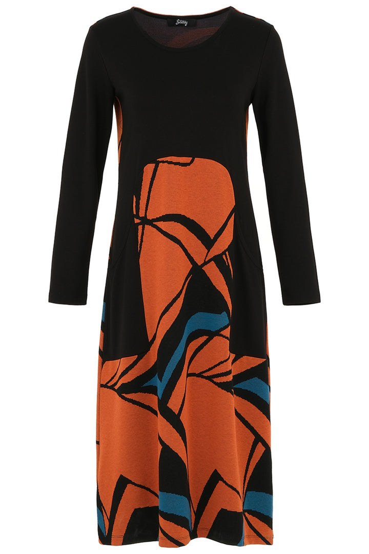 Ever Sassy Fall 2024  This stunning dress features a vibrant fall themed abstract orange print on both front and back, complemented by a contrasting upper front portion and sleeves. 