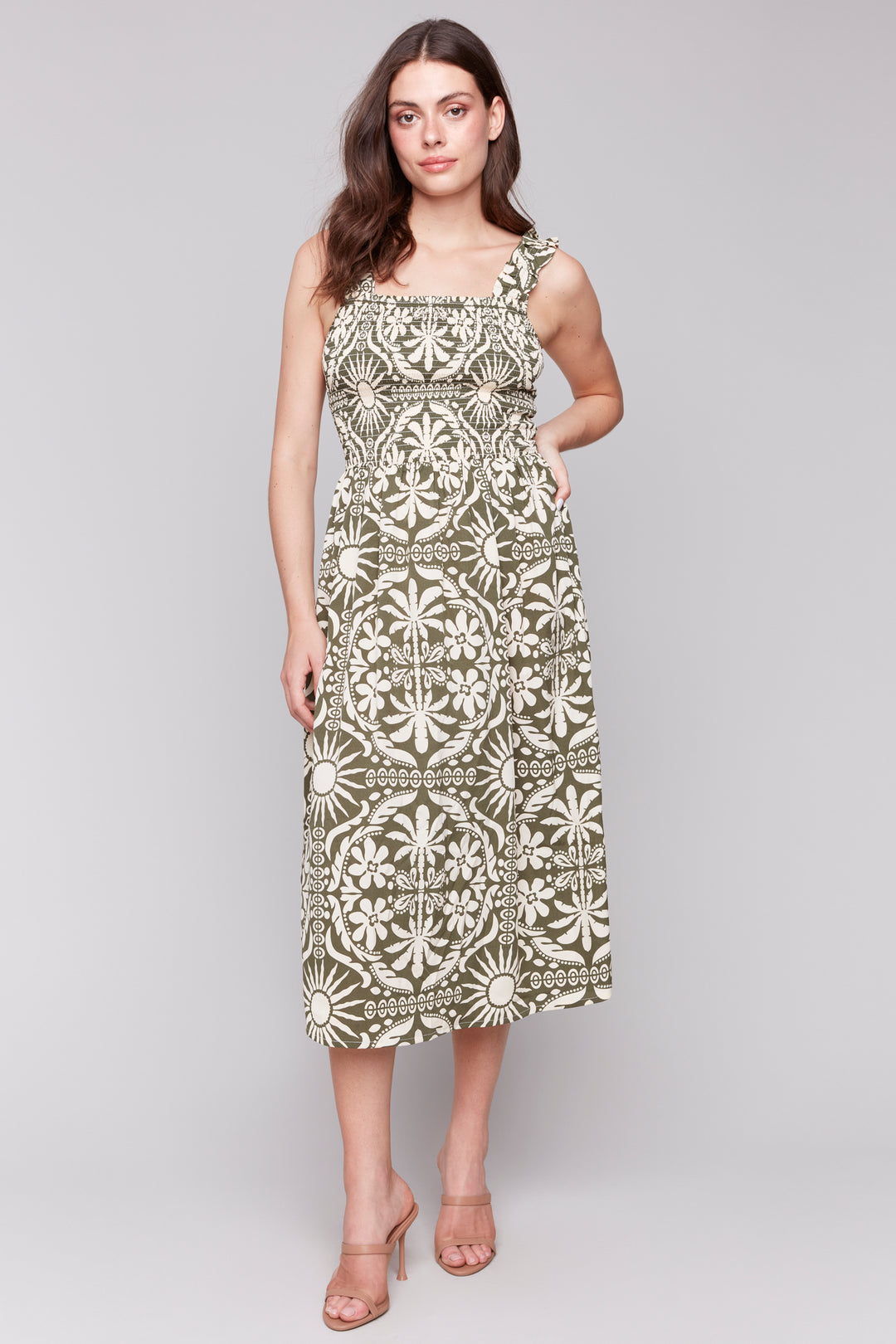 CELADON TROPICAL SUN DRESS WITH SHIRRING