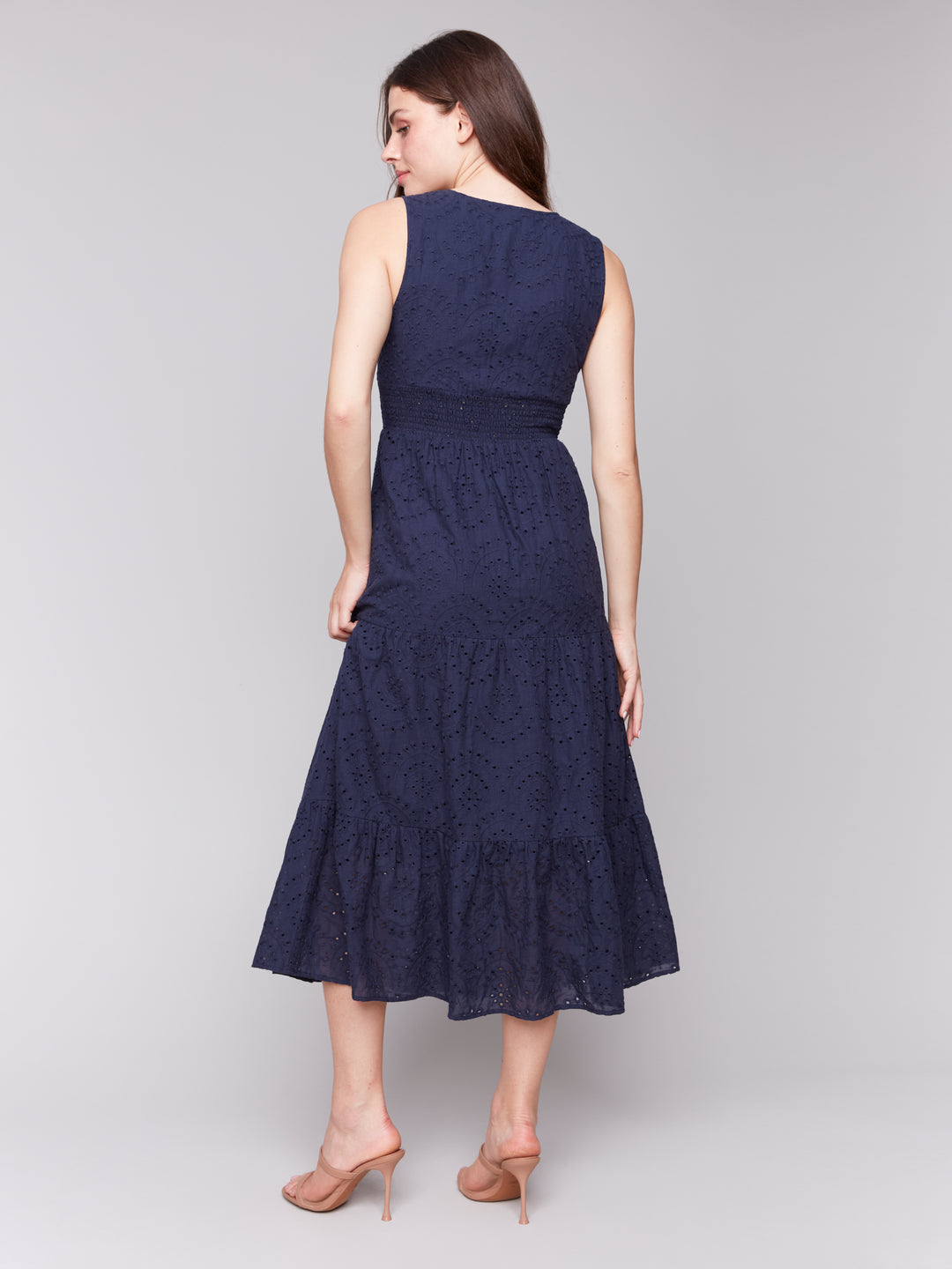 NAVY SLEEVELESS LONG EYELET DRESS