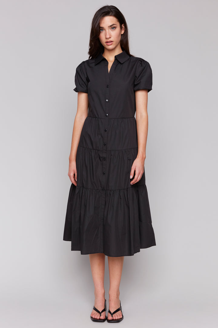 BLACK POPLIN TIERED DRESS