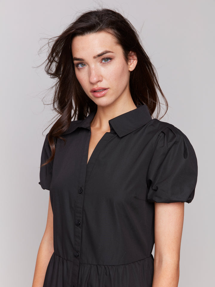 BLACK POPLIN TIERED DRESS