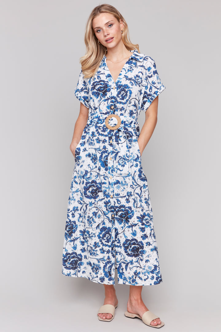 DELPHINIUM FLORAL EYELET BELTED DRESS