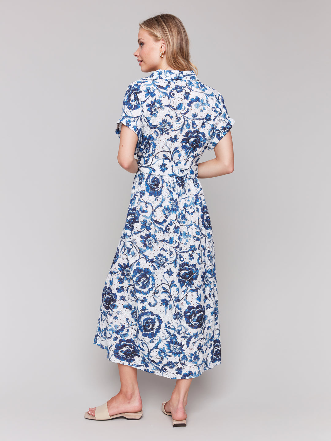 DELPHINIUM FLORAL EYELET BELTED DRESS