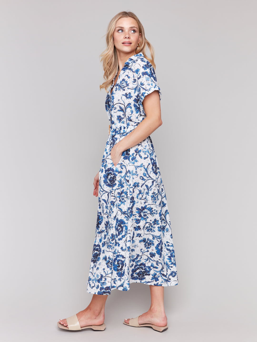 DELPHINIUM FLORAL EYELET BELTED DRESS