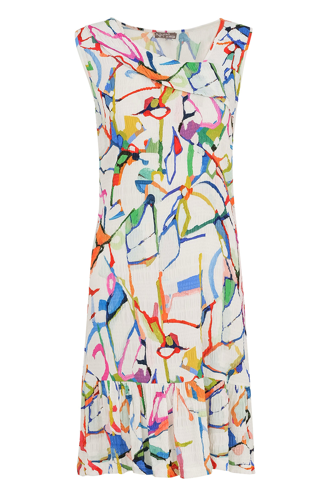 Dolcezza Spring 2025 This sleeveless dress features a cool, abstract print and a playful ruffle hem. Perfect for a hot summer day sitting on the patio with a glass of wine, this dress will keep you looking and feeling cool and confident, and light as a feather.