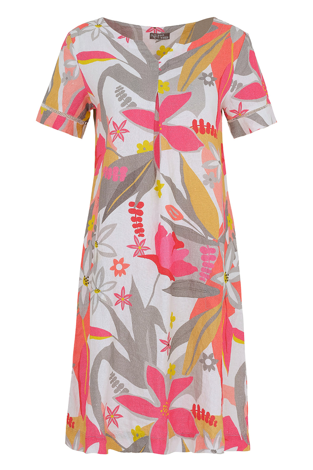 Dolcezza Spring 2025 It is 100% linen, has a oval neckline with a split neck feature. This dress also features short sleeves, a warm floral tropical print all coming together in this loose fitting comfortable dress.