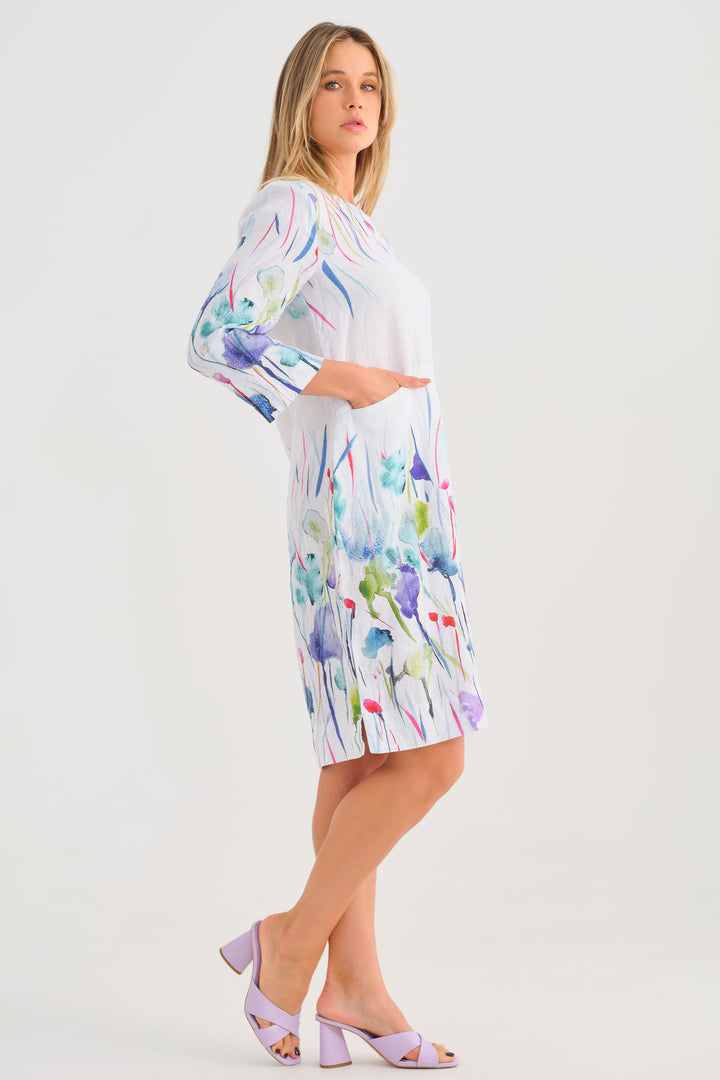 MISTY BLOSSOM 3/4 SLEEVE SPLIT NECK DRESS