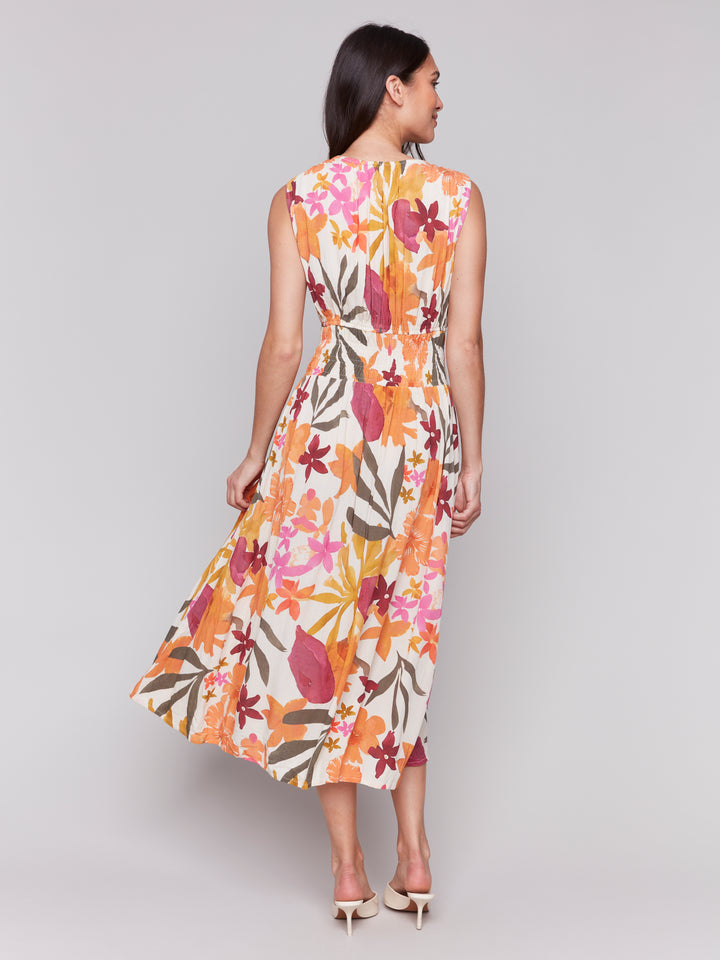 BOUQUET TROPICAL FLORAL SLEEVELESS DRESS