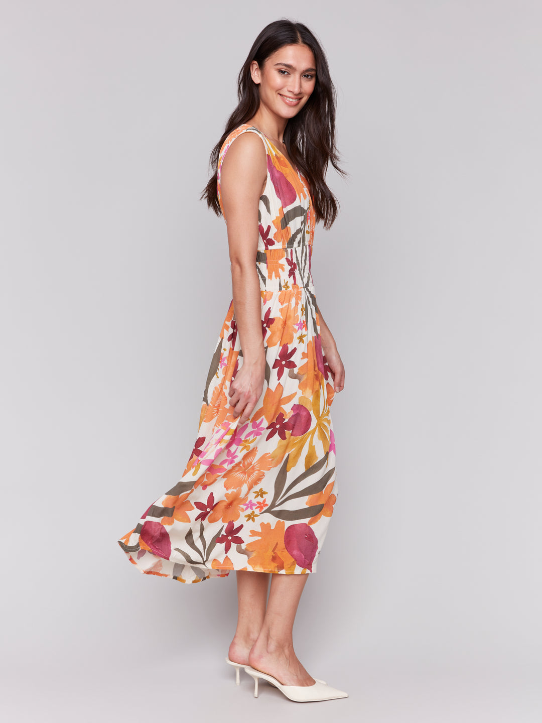 BOUQUET TROPICAL FLORAL SLEEVELESS DRESS