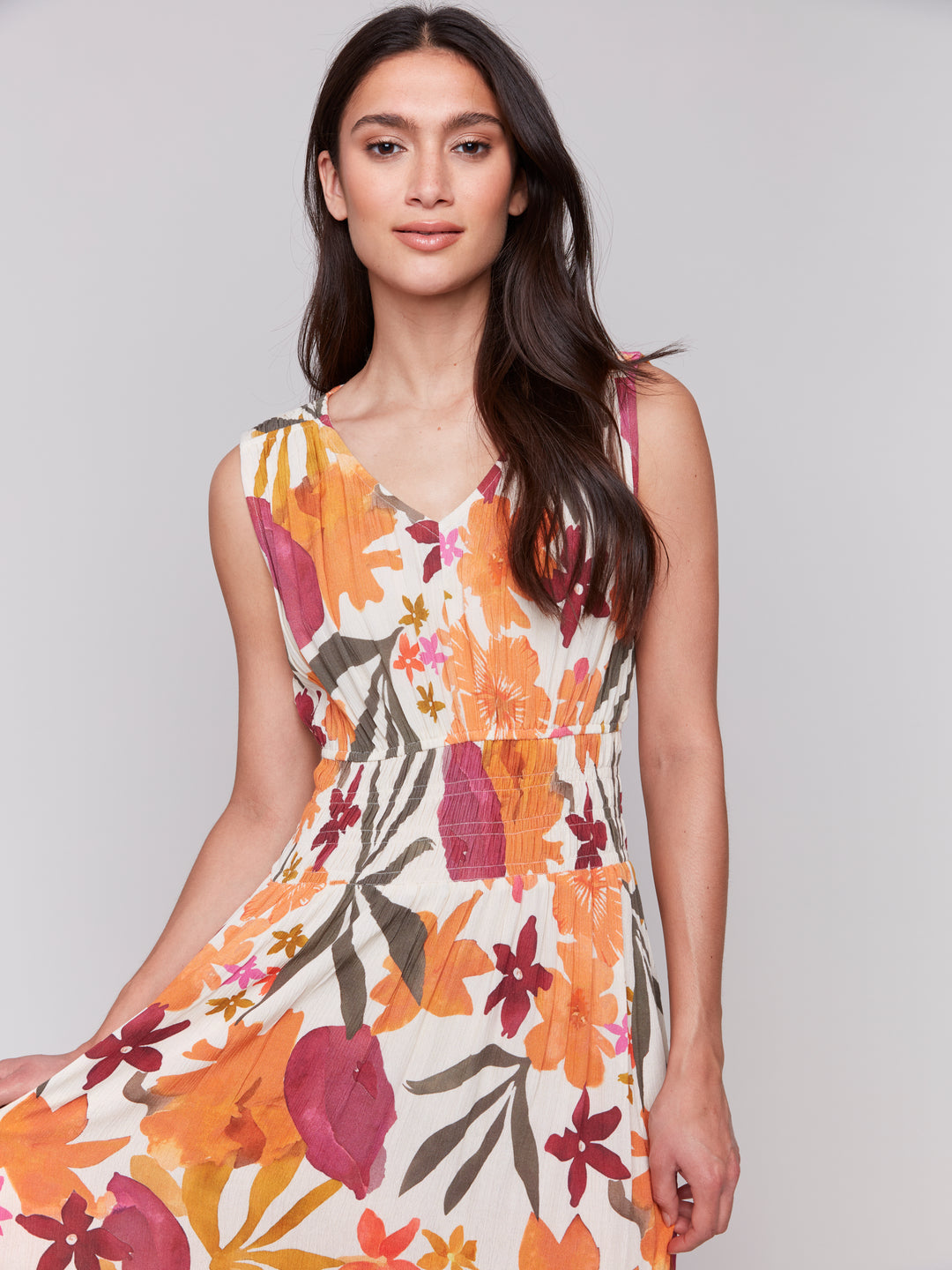 BOUQUET TROPICAL FLORAL SLEEVELESS DRESS