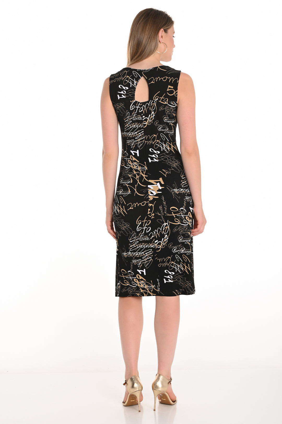 BLACK BEIGE SCRIPT PRINTED SLEEVELESS DRESS