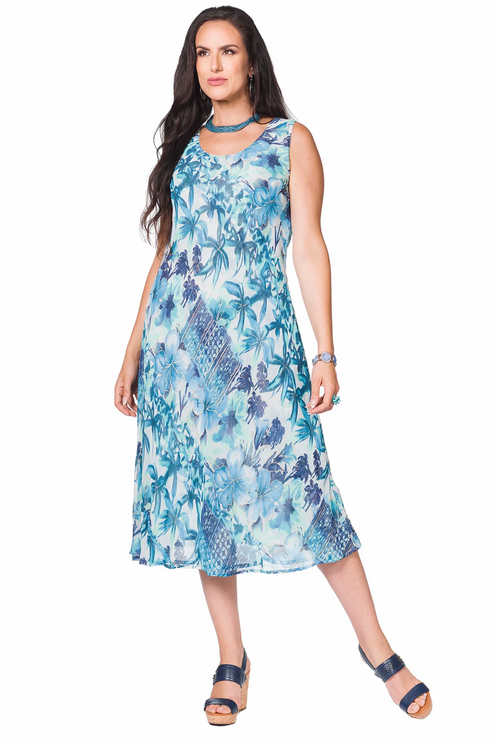 TURQUOISE REVERSIBLE TROPICAL FLORAL DRESS