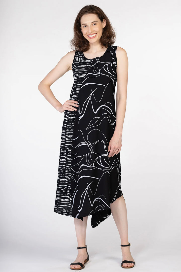 BLACK WHITE SWIRLS & BROKEN STRIPES DRESS