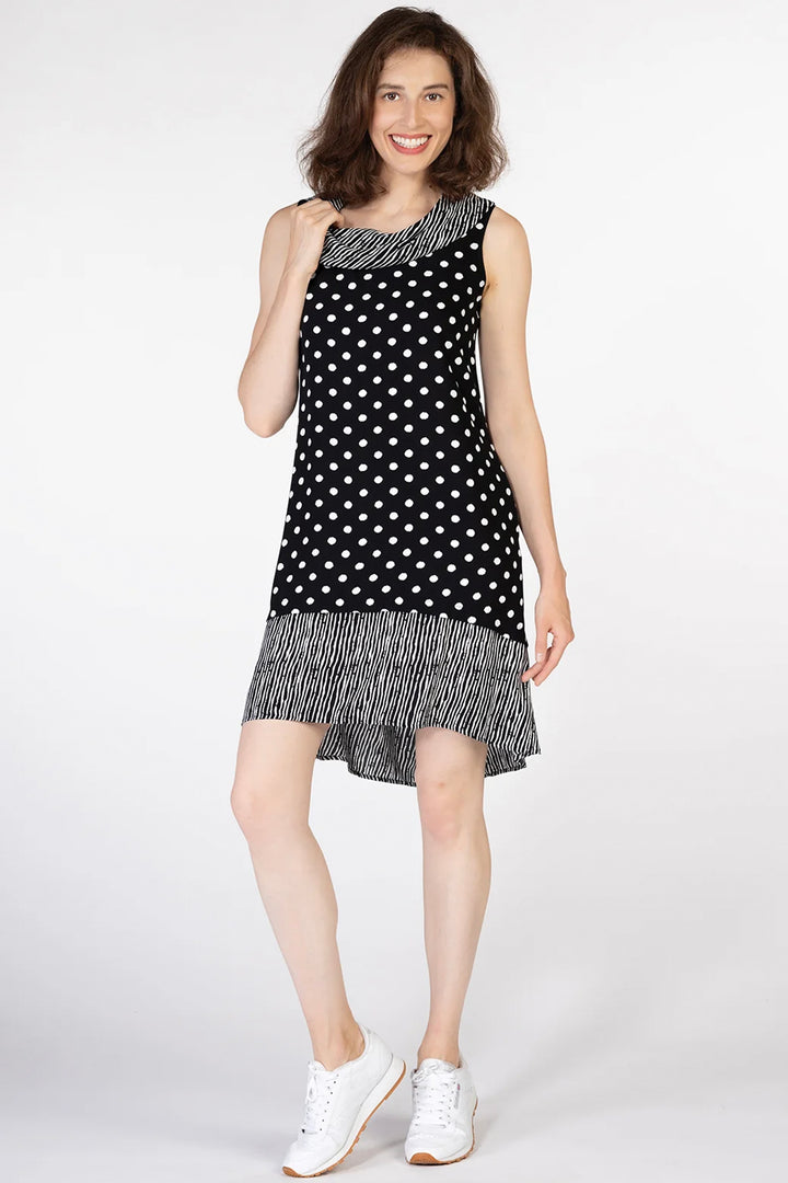 BLACK WHITE SLEEVELESS POLKA DOT DRESS