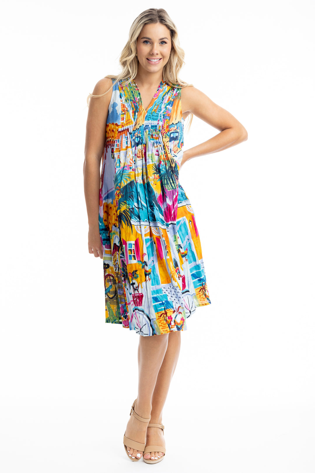 FLORIDA PLEATED V-NECK SLEEVELESS DRESS