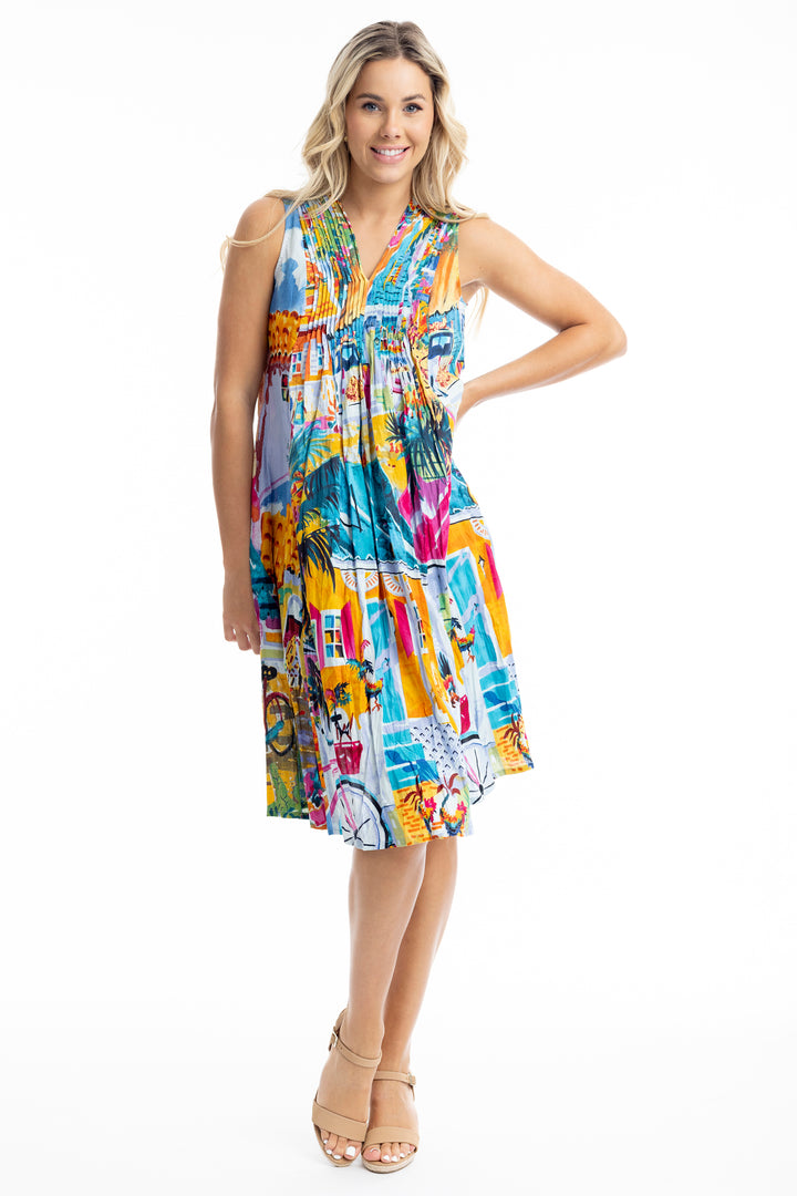 FLORIDA PLEATED V-NECK SLEEVELESS DRESS