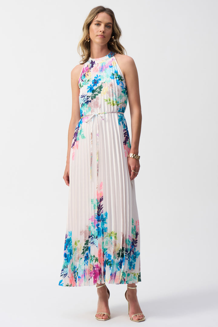 OFF WHITE PLEATED SATIN FLORAL MAXI DRESS