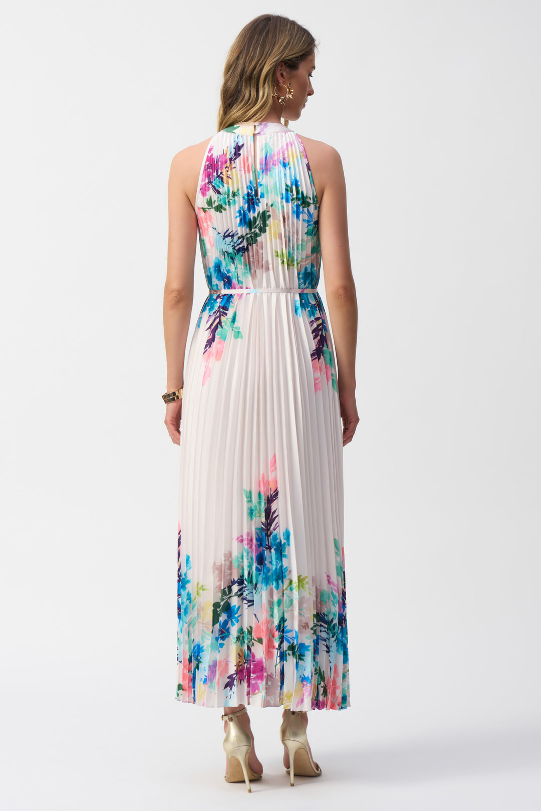 OFF WHITE PLEATED SATIN FLORAL MAXI DRESS