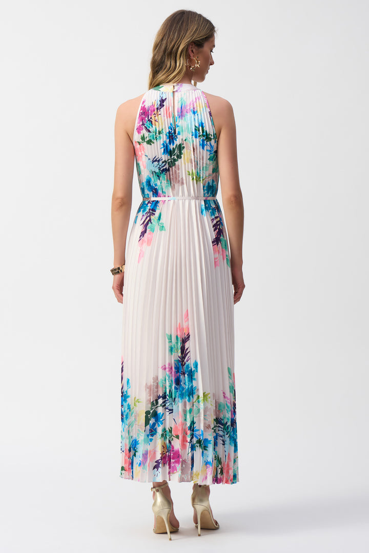 OFF WHITE PLEATED SATIN FLORAL MAXI DRESS