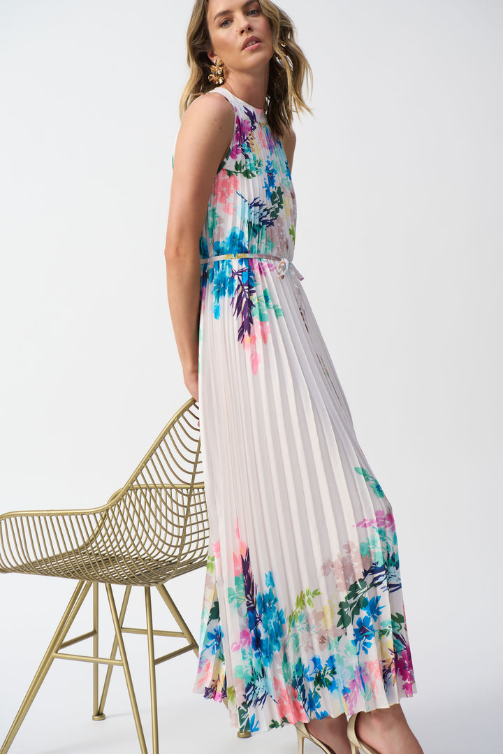 OFF WHITE PLEATED SATIN FLORAL MAXI DRESS