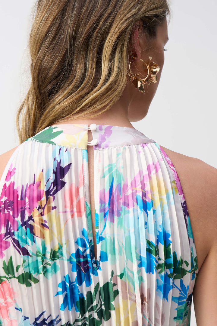 OFF WHITE PLEATED SATIN FLORAL MAXI DRESS