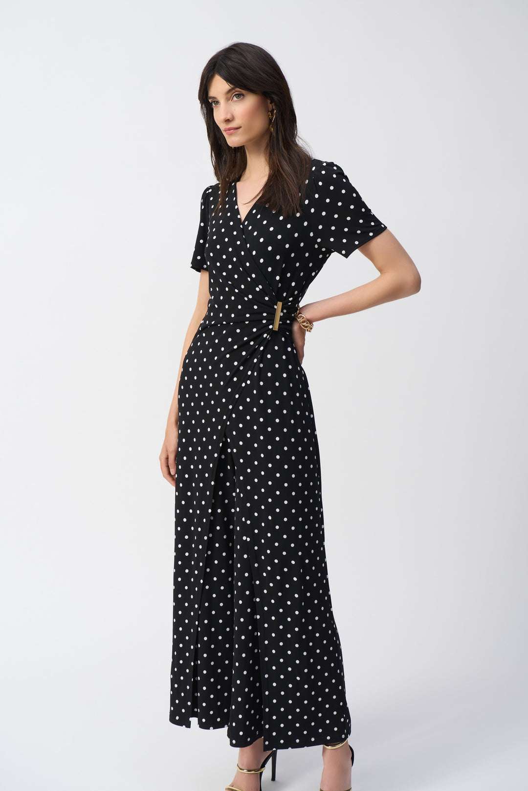 BLACK VANILLA DOT PRINT WRAP JUMPSUIT