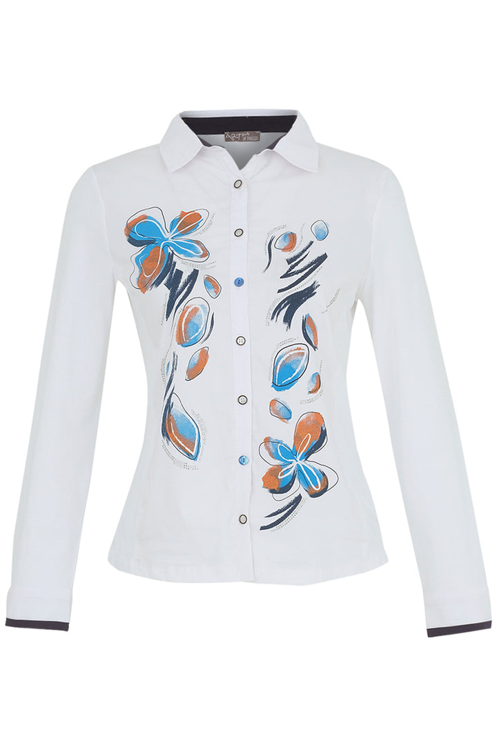 Dolcezza Fall 2024 This long sleeve blouse features a classic style, cotton-blend fabric long sleeves with a fun blue floral print with bling studs on the the front.