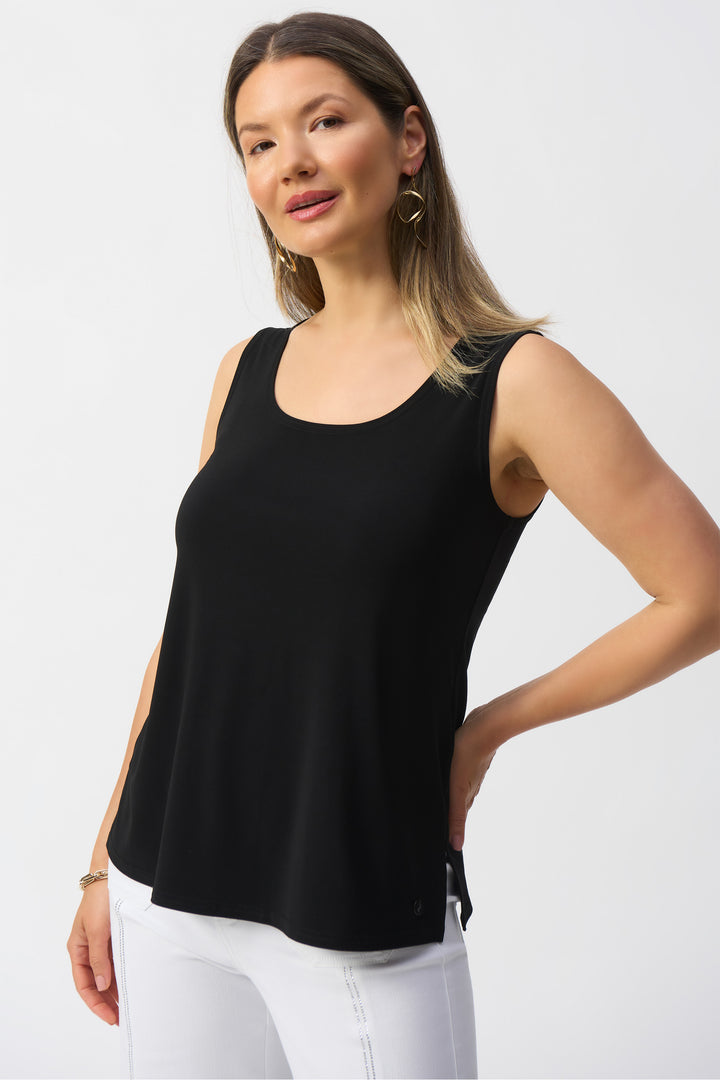 Joseph Ribkoff Spring 2025  The luxurious silky knit fabric pairs well with a jean jacket or cardigan, making it an ideal choice for layering. Stay cool and stylish all day long with this versatile tank top.