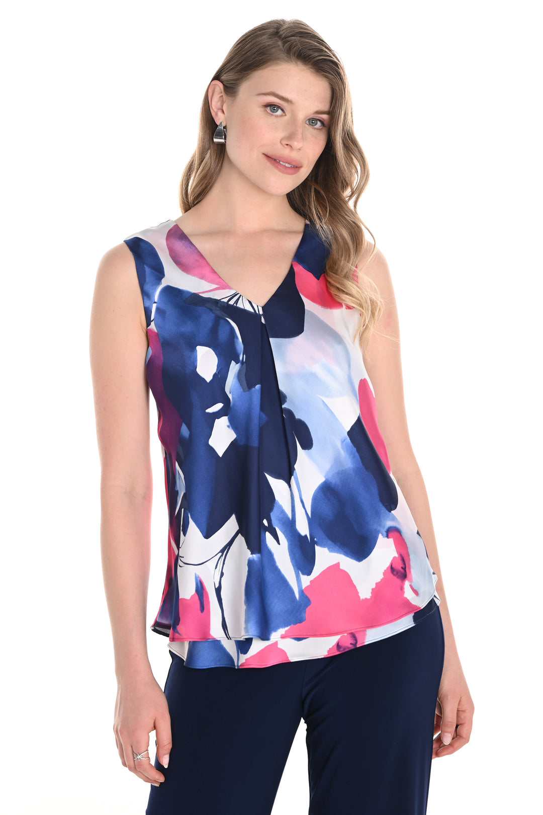 Frank Lyman Spring 2025  Its soft cut v-neck and sleek satin finish elevate your style while the lightweight and smooth fabric offers maximum comfort. 