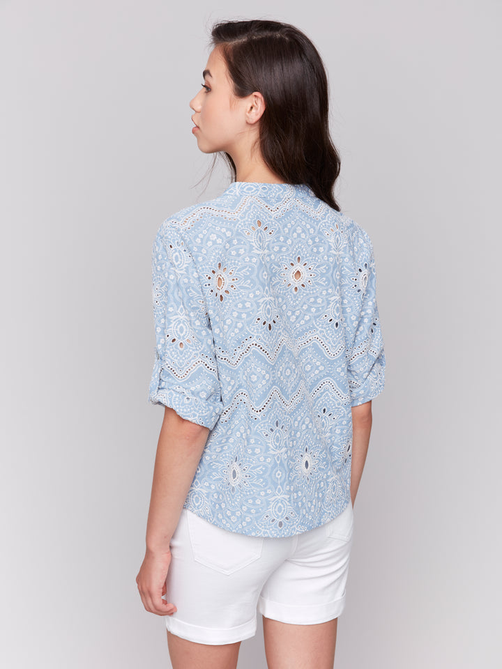 BLUEBELL EMBROIDERED EYELET TIE FRONT BLOUSE