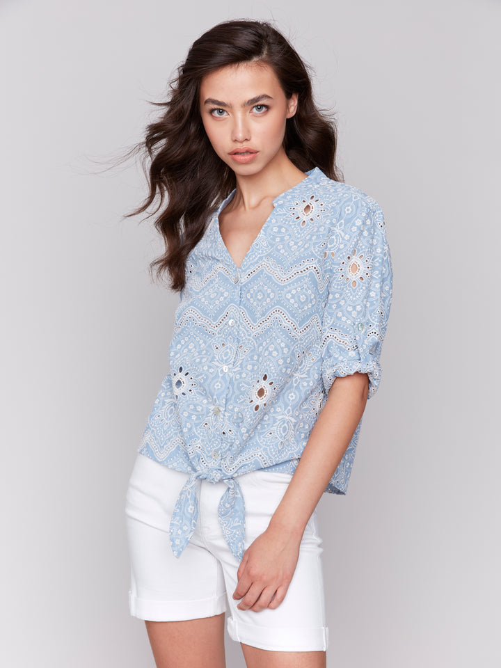 BLUEBELL EMBROIDERED EYELET TIE FRONT BLOUSE