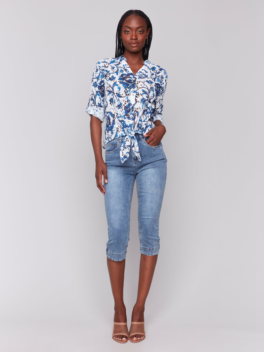 DELPHINIUM FLORAL EYELET TIE FRONT BLOUSE