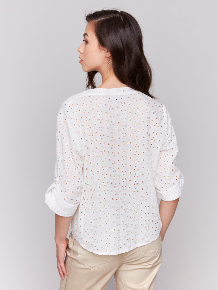 GOLD FOIL EYELET TIE FRONT BLOUSE