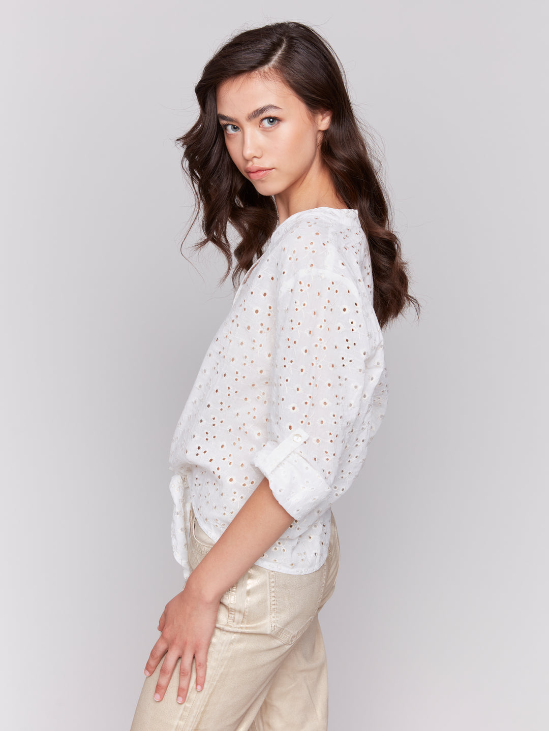 GOLD FOIL EYELET TIE FRONT BLOUSE