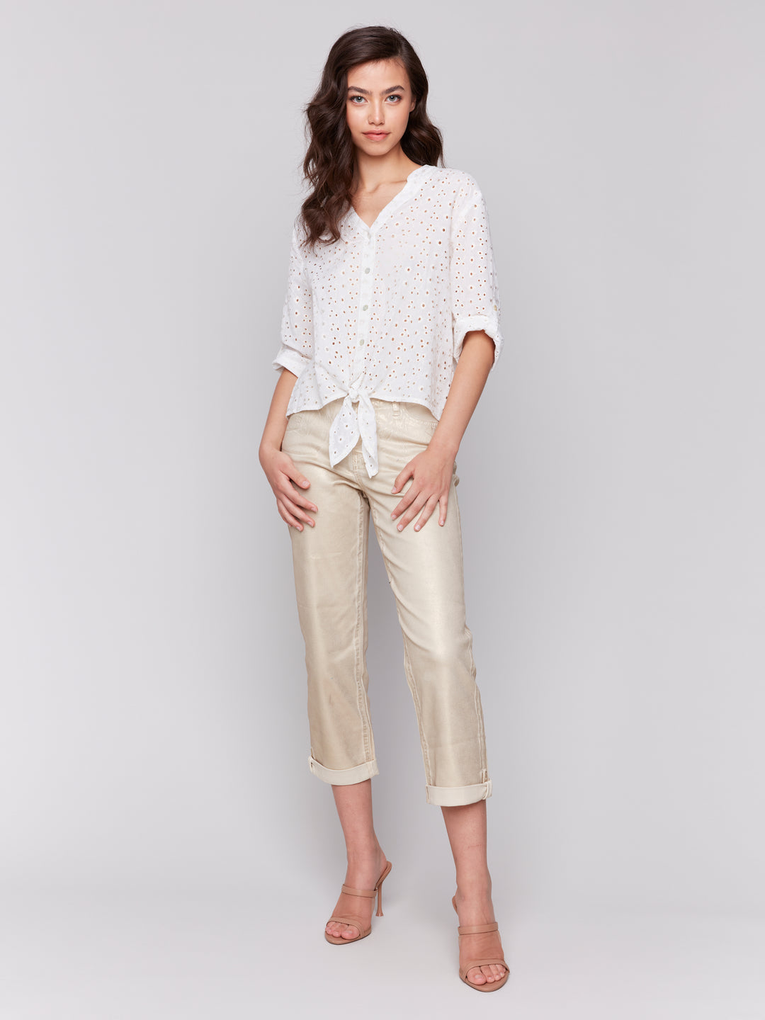 GOLD FOIL EYELET TIE FRONT BLOUSE