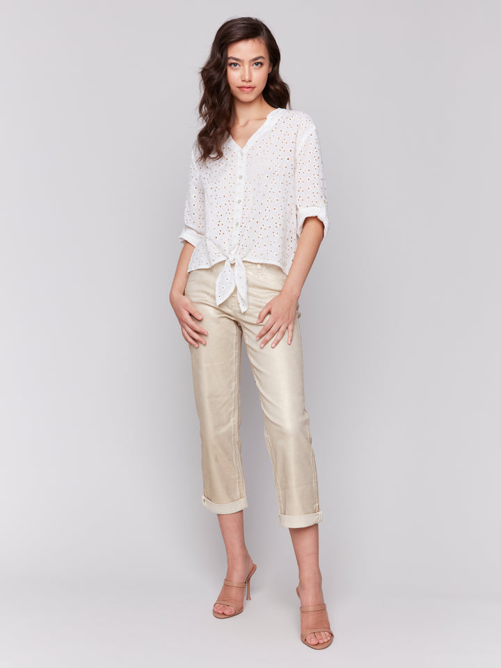 GOLD FOIL EYELET TIE FRONT BLOUSE
