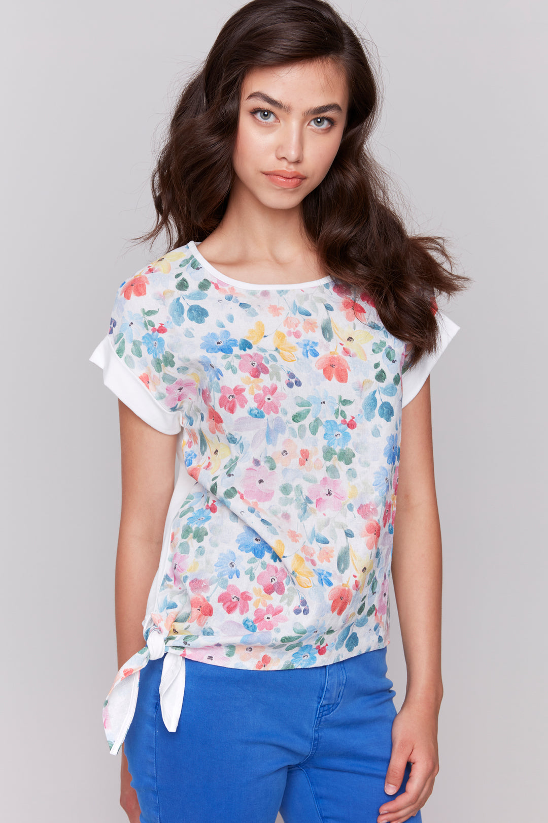 Charlie B Spring 2025  Made from a soft, lightweight woven linen blend, this top features dolman short sleeves and a playful side tie detail. 