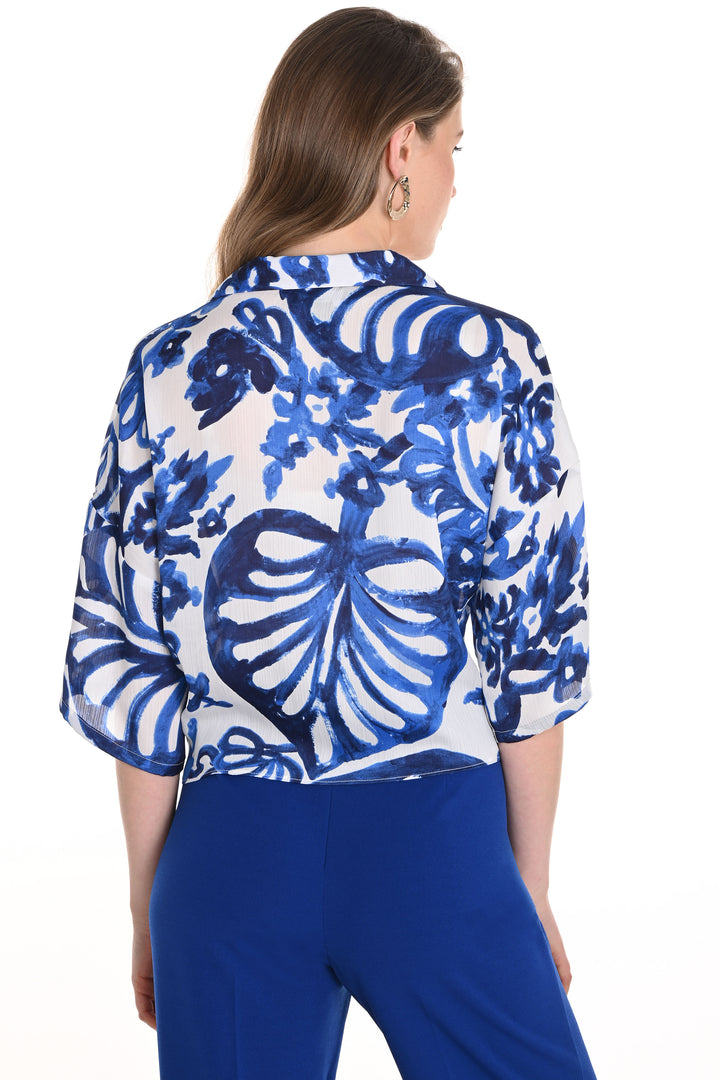 BLUE WHITE PALM FLORAL TIE FRONT BLOUSE