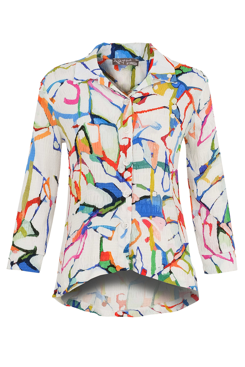 Dolcezza Spring 2025  Featuring a cool, abstract print all-over, this blouse is perfect for any spring and summer occasion. 