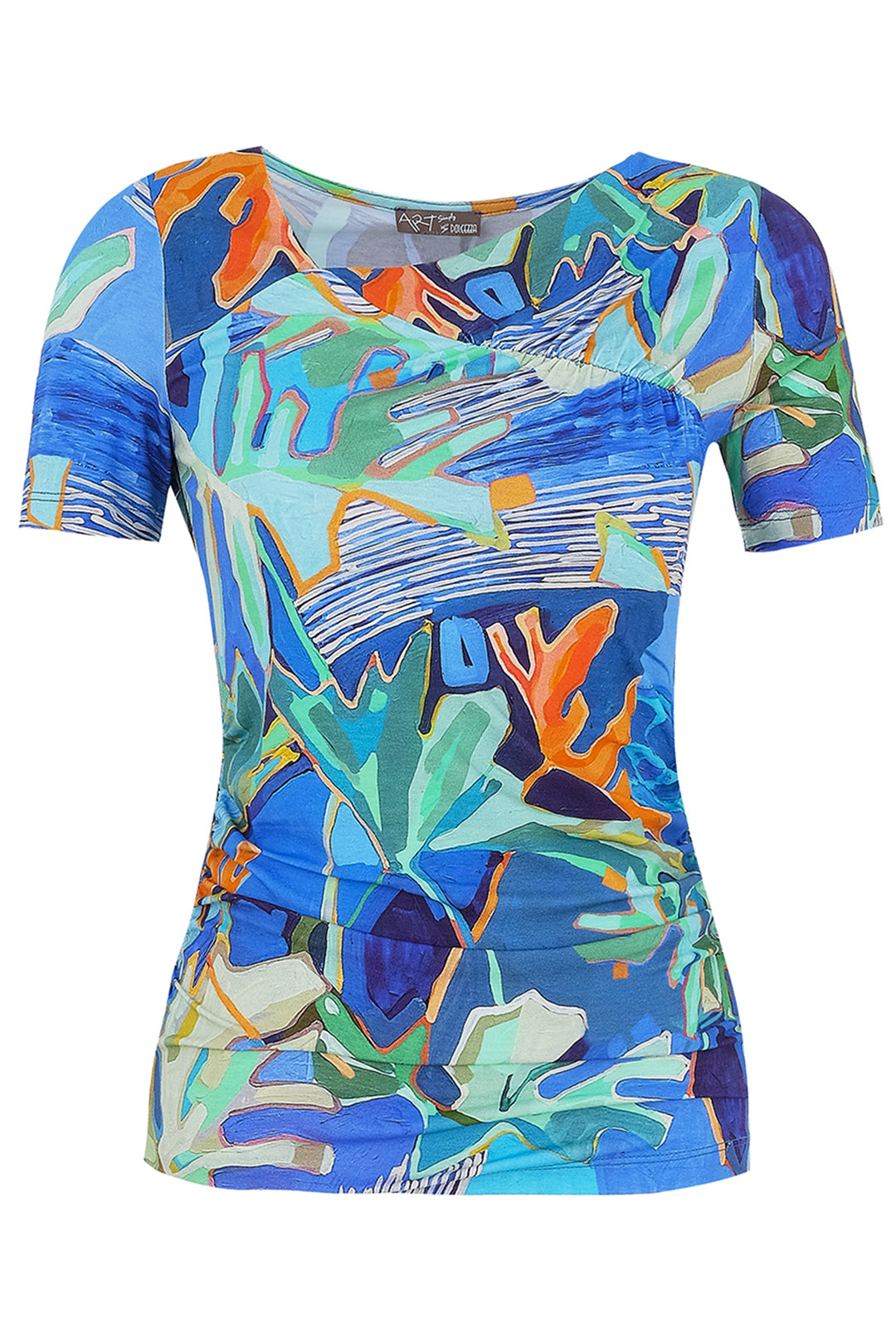 Dolcezza Spring 2025 The Palmetto Series SS Asymmetric Neck Top boasts an eye-catching neckline, short sleeves, and a unique abstract 'under the sea' inspired print. With a double stitch hem and sleeves, this top is both stylish and durable. 