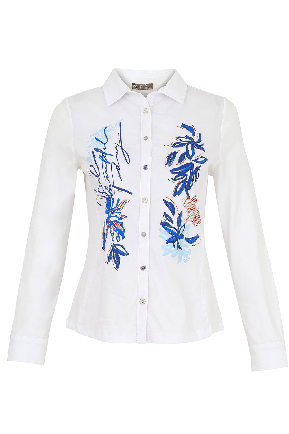 Dolcezza Spring 2025  This charming, hip-length blouse features a classic collar and front buttons for a timeless look. The regular fit, straight full long sleeves add a touch of elegance, while the light fabric and blue undertones make it a pretty and versatile addition to any outfit. 