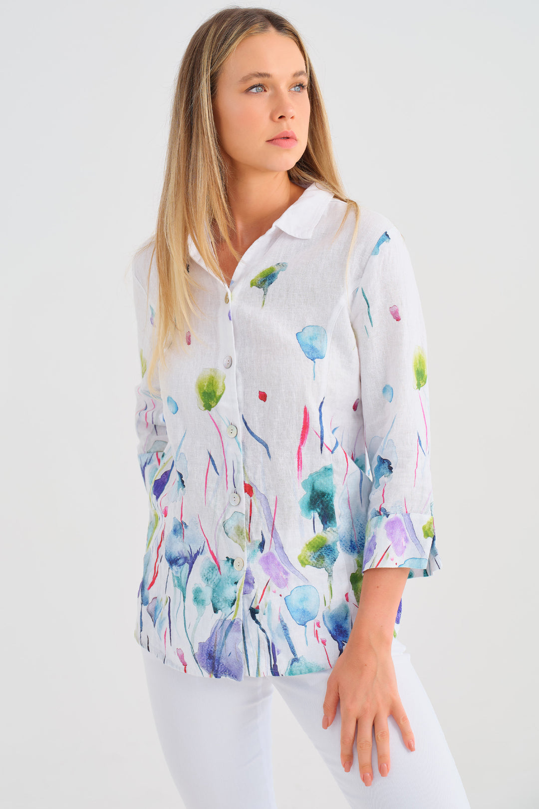 Dolcezza Spring 2025 With 3/4 dolman sleeves and a neat floral sping design, this blouse-style top is perfect for both casual and elegant occasions alike.