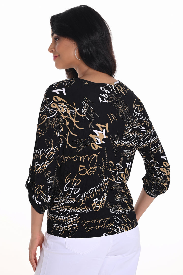 BLACK BEIGE SCRIPT PRINT TAB SLEEVE TOP