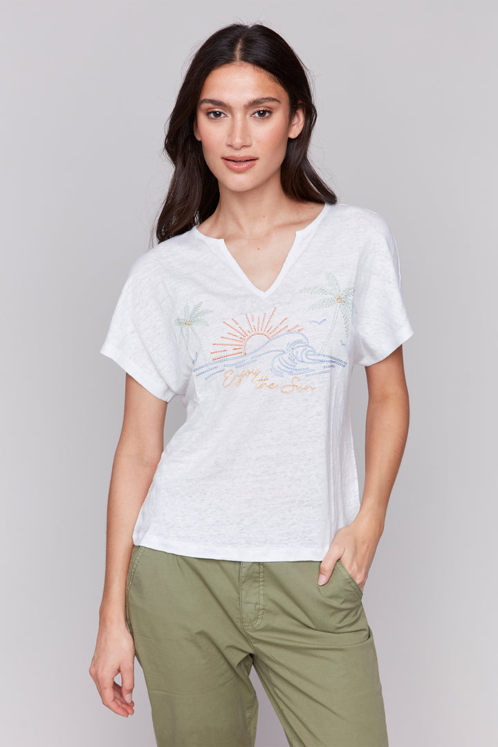 Charlie B Spring 2025 The front embroidered beach design is the subtle star of the show here. The simple yet neat design makes it versatile and perfect for any casual occasion.