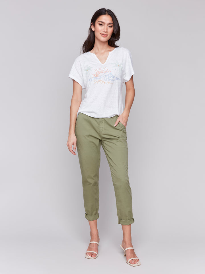 WHITE ENJOY THE SUN SPLIT NECK TOP