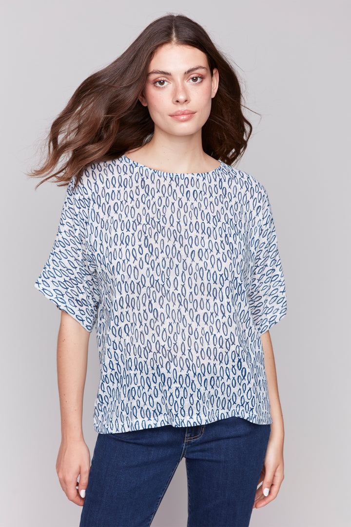 Charlie B Spring 2025 This flowy cotton gauze blend short sleeve top is perfect for your spring and summer wardrobe.