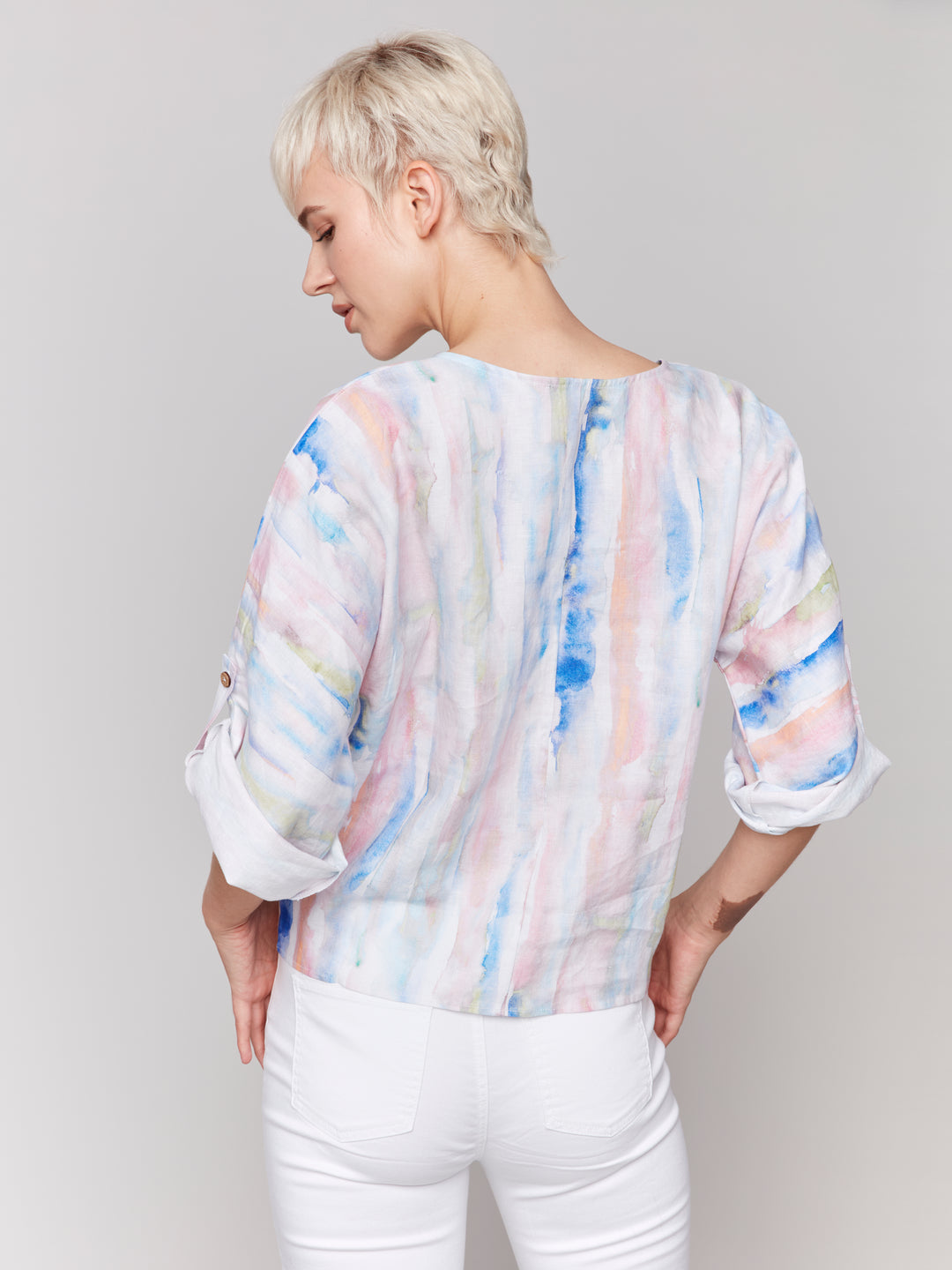 WATERCOLOUR PRINT TAB SLEEVE TIE FRONT TOP