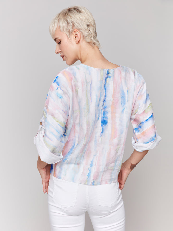 WATERCOLOUR PRINT TAB SLEEVE TIE FRONT TOP