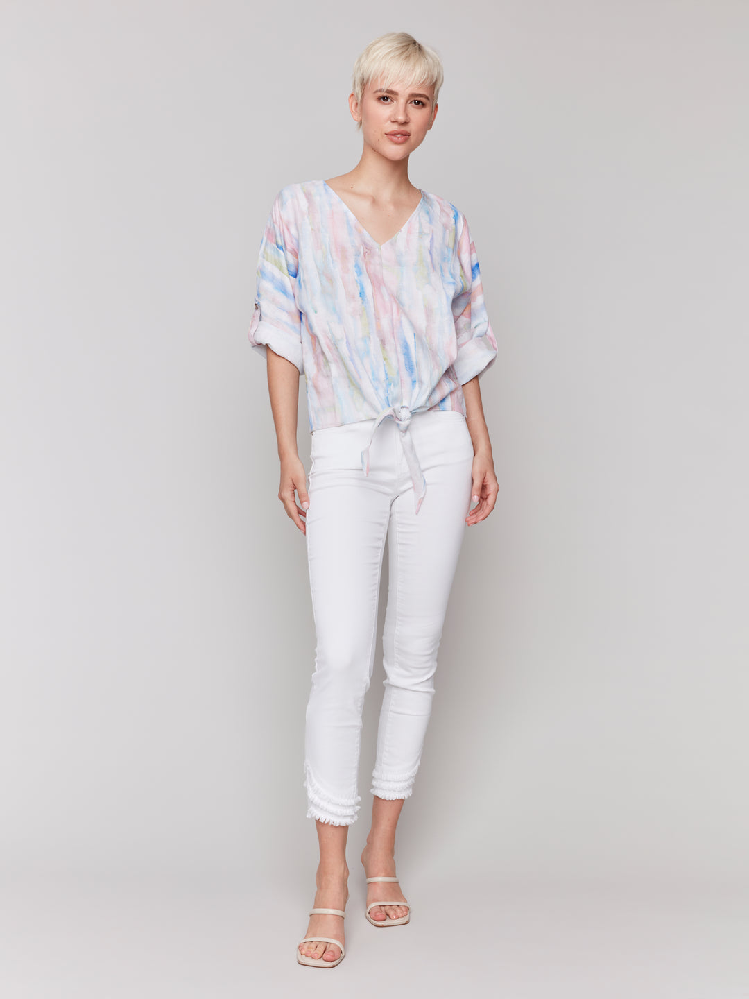 WATERCOLOUR PRINT TAB SLEEVE TIE FRONT TOP