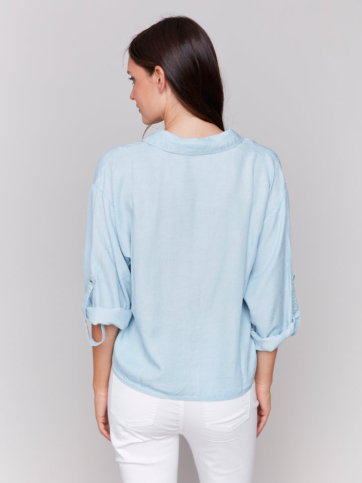 CHAMBRAY DAISY TEXTURE TIE FRONT BLOUSE